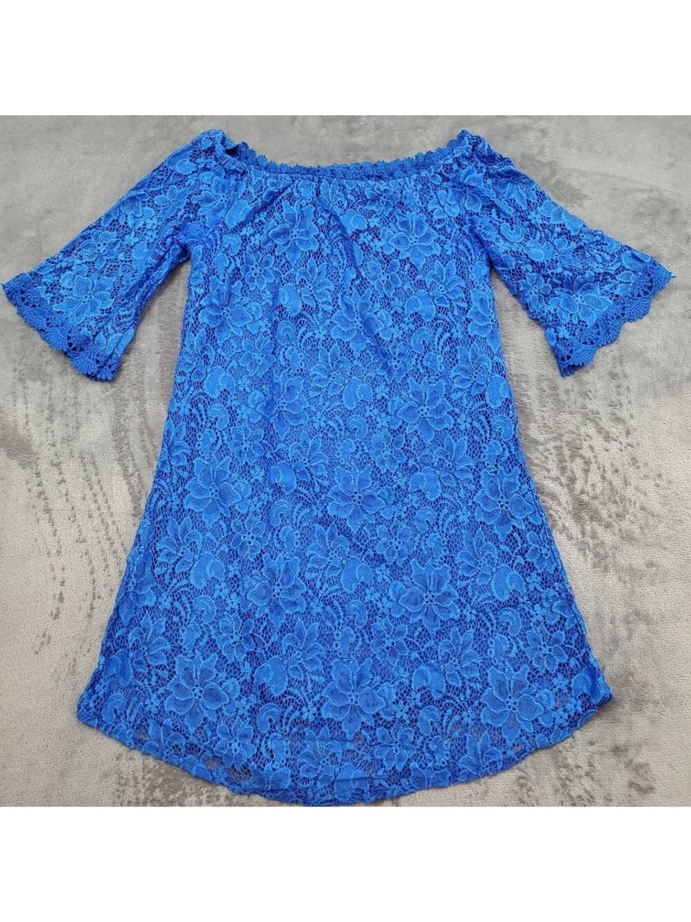 Womens Lace Dress Off Shoulder 3/4 Sleeves Size S Blue Mini Boho Cottage Preppy